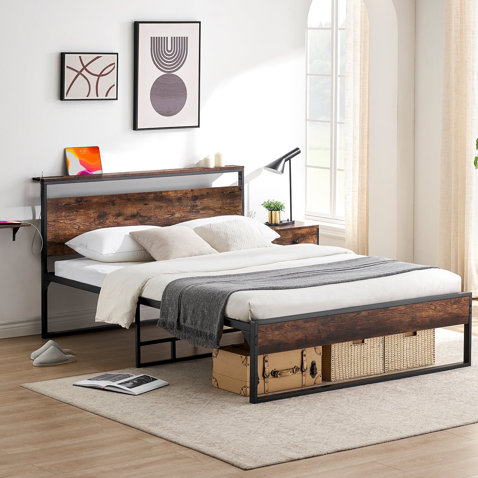 Behost 14" Queen Bed Frame with Headboard , Power Outlets Platform Beds