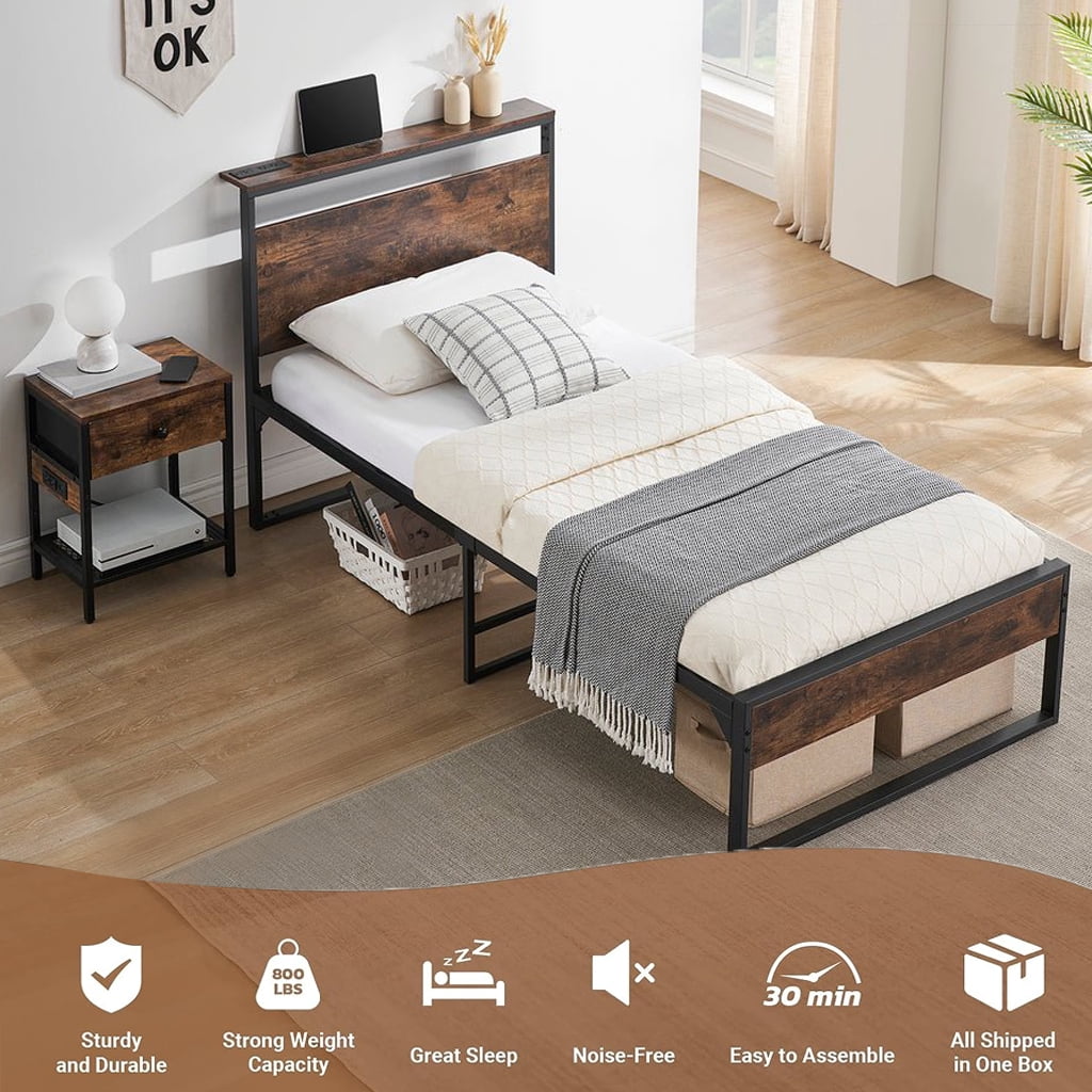 Behost 14" Twin Bed Frame with Headboard , Power Outlets Platform Beds