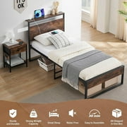 Behost 14" Twin Bed Frame with Headboard , Power Outlets Platform Beds for Bedroom, Rustic Brwon