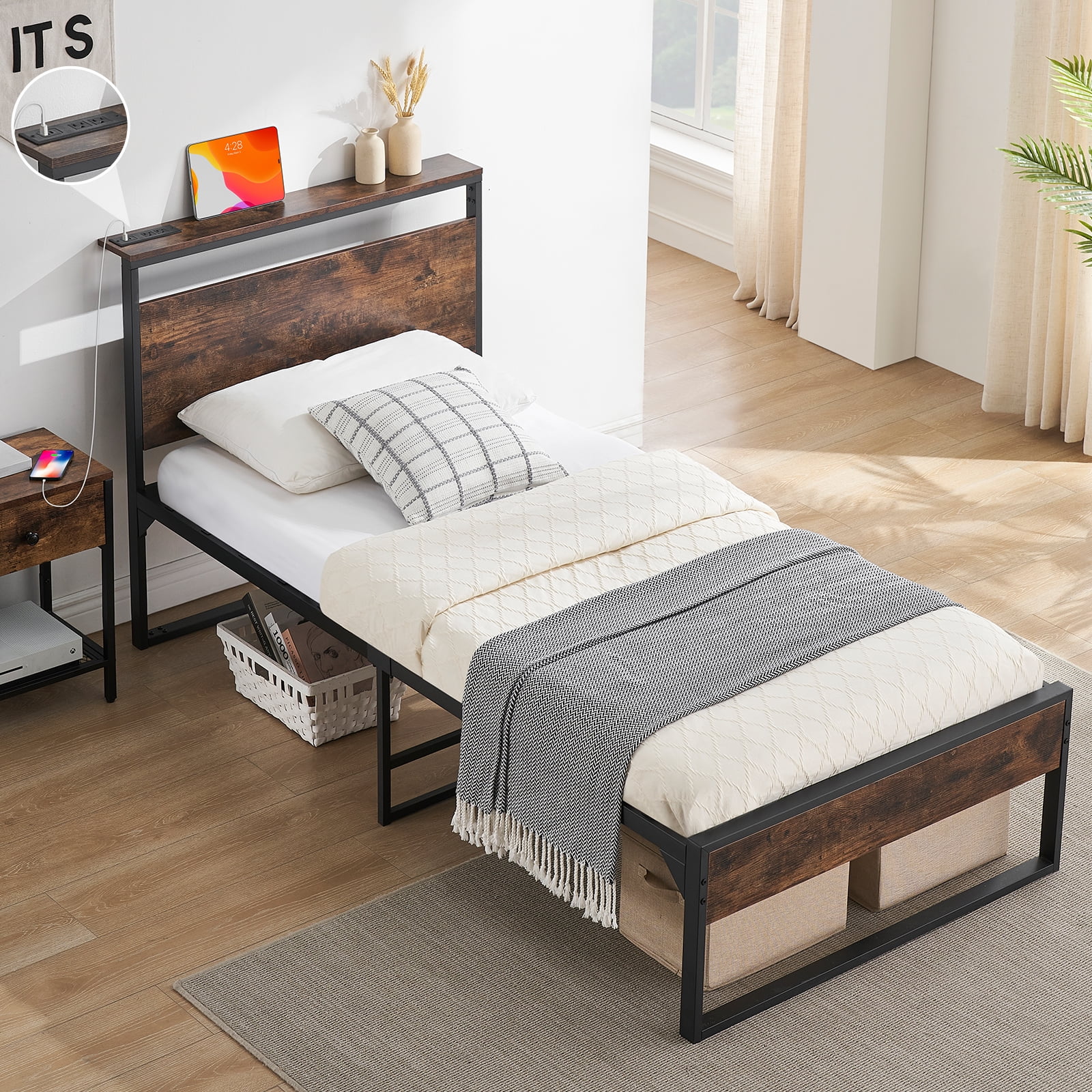 Behost 14" Twin Bed Frame with Headboard , Power Outlets Platform Beds