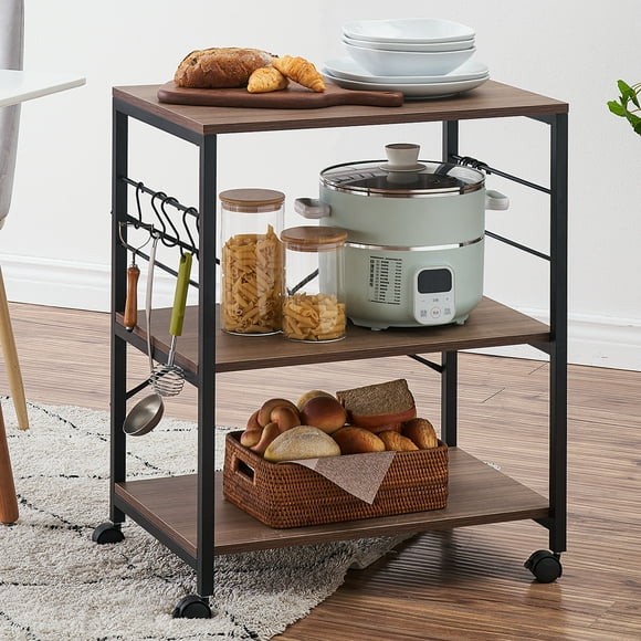 Behost 3 Shelf Microwave Stand Bakers Rack Rolling Kitchen Cart, Brown
