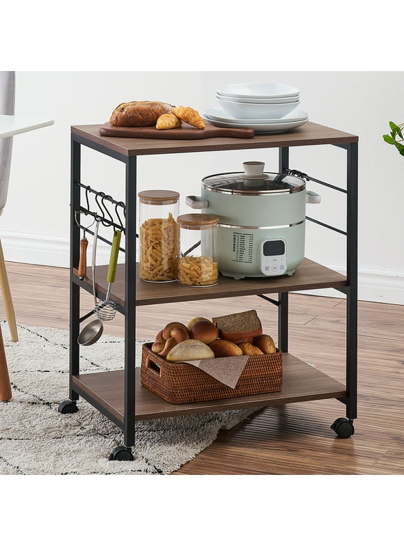 Behost 3 Shelf Microwave Stand Bakers Rack Rolling Kitchen Cart, Brown