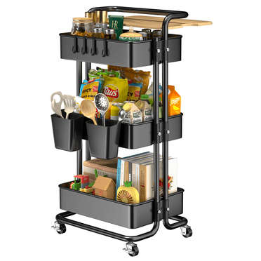 Behost 3-Tier Rolling Utility Cart with Cover Board, Hooks and  Baskets, Metal Storage Organizer Cart with Handle & Wheels for Kitchen, Bathroom, Office, Black