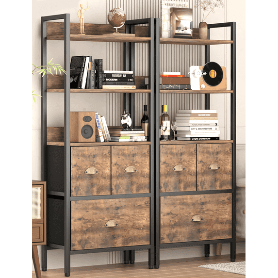 Behost 5 Tier 60 inch Tall Bookcase Open Bookshelf with Drawers, Wood, Metal and Fabric, 1 Pack, Rustic Brown