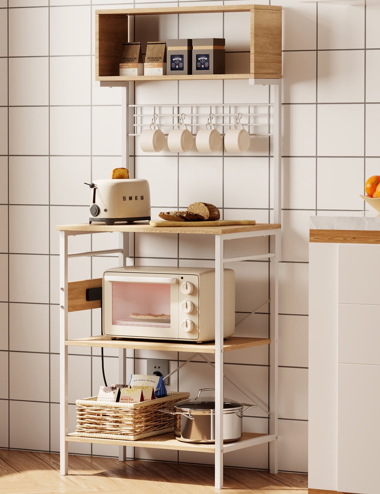 Behost 5 Tier Microwave Pantry Cart,Baker Rack for Kitchen Cabinet Coffee Bar, White