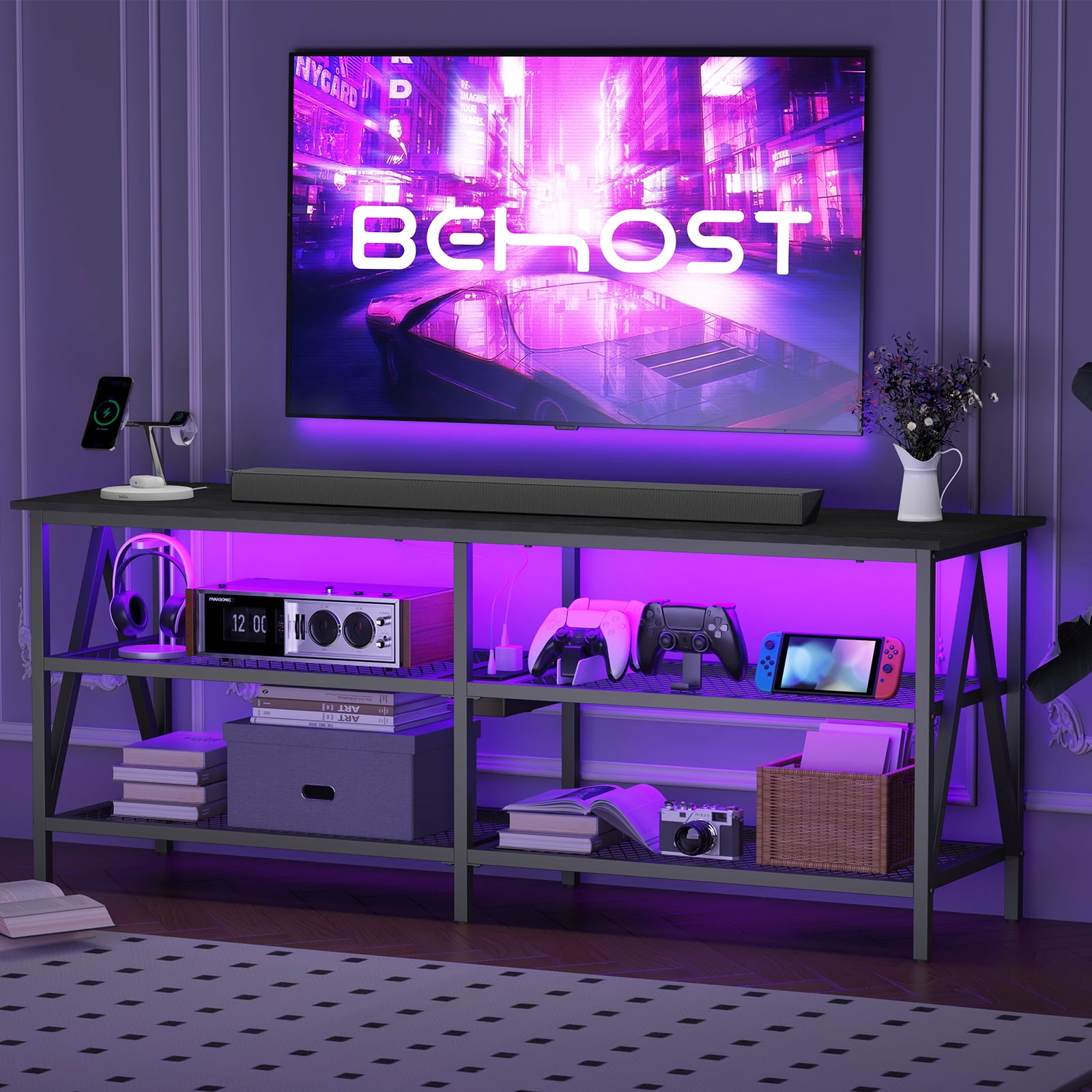 Behost TV Stand for 65 inch TV, TV Cabinet with 20 Colors LED Lights for Living Room,Black