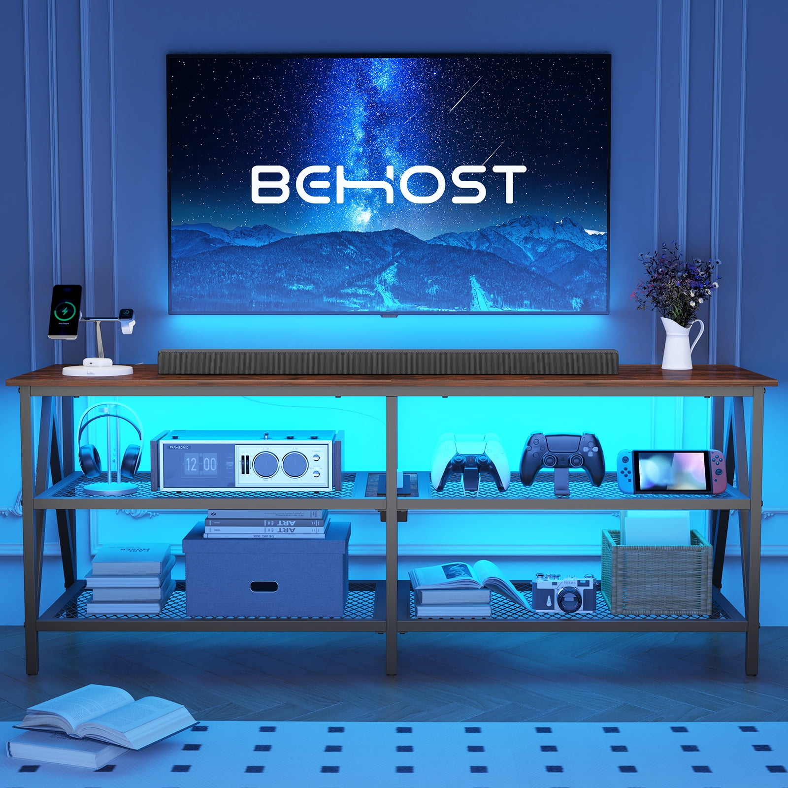 Behost TV Stand for 65 inch TV, TV Cabinet with 20 Colors LED Lights for Living Room, Brown