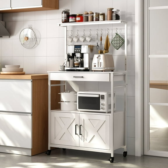 Behost Baker's Racks with Cabinet, Kitchen Adjustable Storage Shelves for Microwave Cart Oven Stand Coffee Bar, White