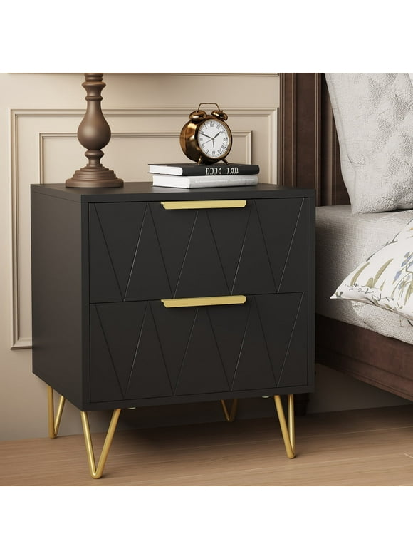 Behost Black Nightstand for Bedroom Living Room,Modern 2 Drawer Nightstand Bedside Table with Storage