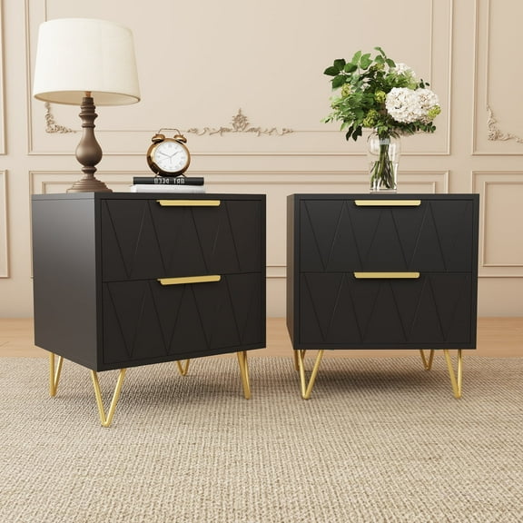 Behost Black Nightstand for Bedroom,Modern 2 Drawer Nightstand Bedside Table with Storage,2 Pack