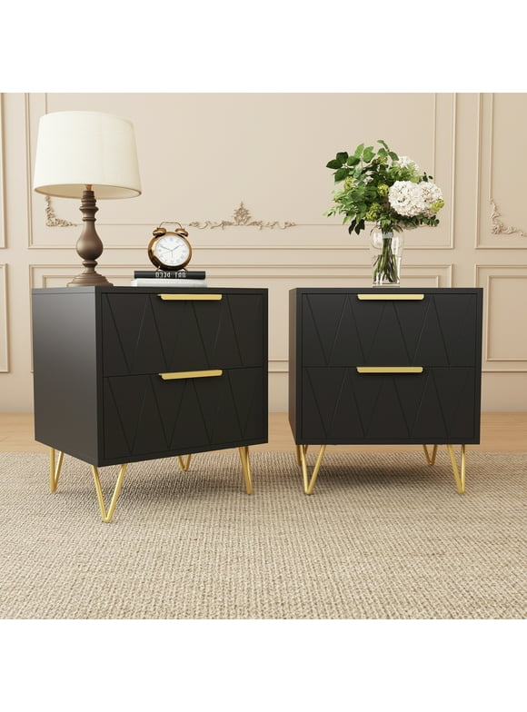 Behost Black Nightstand for Bedroom,Modern 2 Drawer Nightstand Bedside Table with Storage,2 Pack