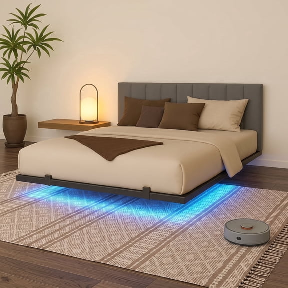 Behost Full Size Floating Bed Frame with Smart LED Lights & Charging Station, Metal Platform Bed Frame, No Box Spring Needed, Noise Free, Gray
