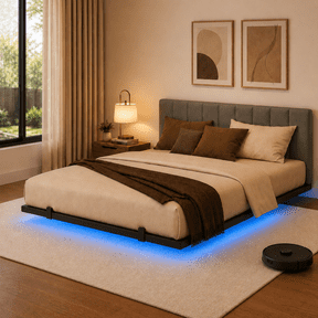 Behost Full Size Floating Bed Frame with Smart LED Lights & Charging Station, Metal Platform Bed Frame, No Box Spring Needed, Noise Free, Gray