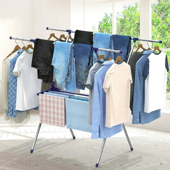 Behost Foldable Stainless Steel Clothes Drying Rack for Indoor Outdoor Laundry, 70lb Capacity, Space Saving, Tool-Free Assembly, Silver