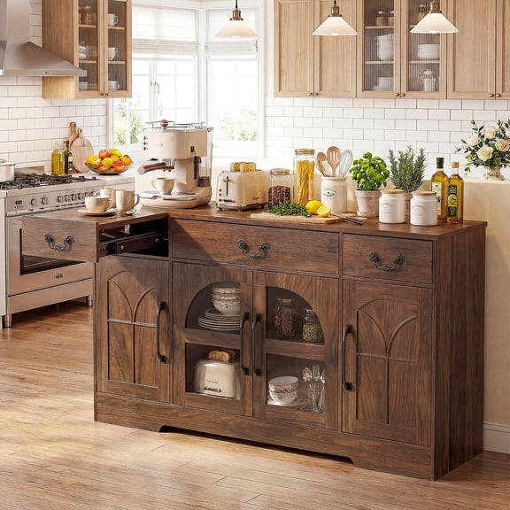 Keenstone Sideboard Buffet Cabinet, 55.1" W Expandable Desktop Storage with 2 Drawers, 4 Doors, and  Adjustable Shelves, Dark Brown