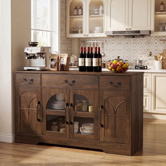 Keenstone Buffet Cabinet with Storage, 55.1" W Expandable Sideboard Cabinet with Drawers and Glass Doors, Coffee Bar Cabinet with Adjustable Shelves, Dark Brown