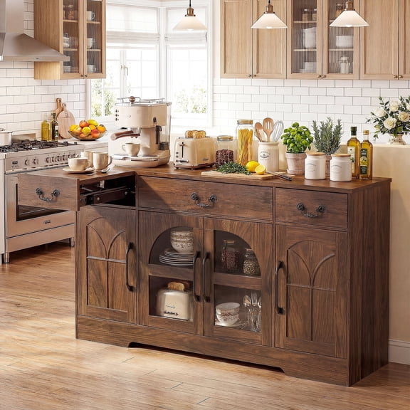 Keenstone Expandable Buffet Cabinet with Storage, 55.1" W Sideboard Cabinet with Drawers and Glass Doors, Coffee Bar Cabinet with Adjustable Shelves, Dark Brown
