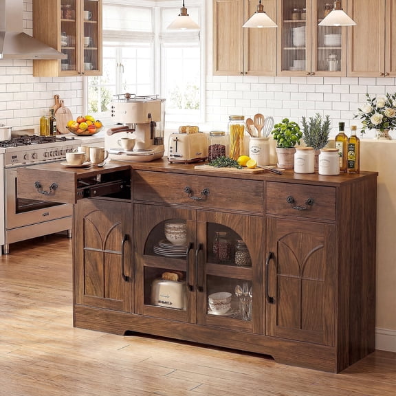 Keenstone Expandable Buffet Cabinet with Storage, 55.1" W Sideboard Cabinet with Drawers and Glass Doors, Coffee Bar Cabinet with Adjustable Shelves, Dark Brown