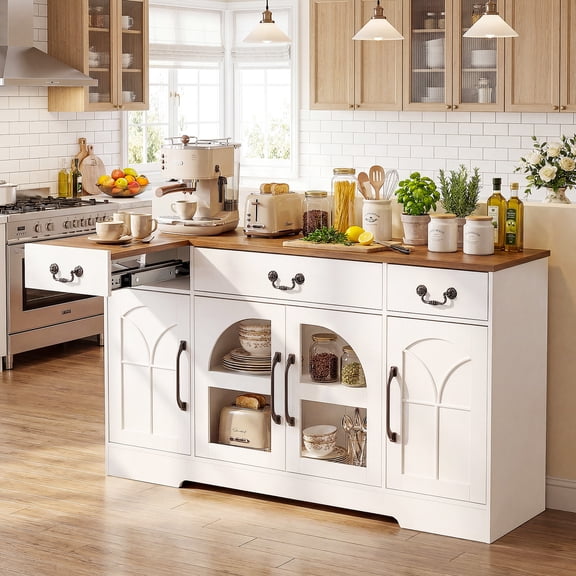 Keenstone Sideboard Buffet Cabinet, 55.1" W Expandable Desktop Storage with 2 Drawers, 4 Doors, and  Adjustable Shelves, White