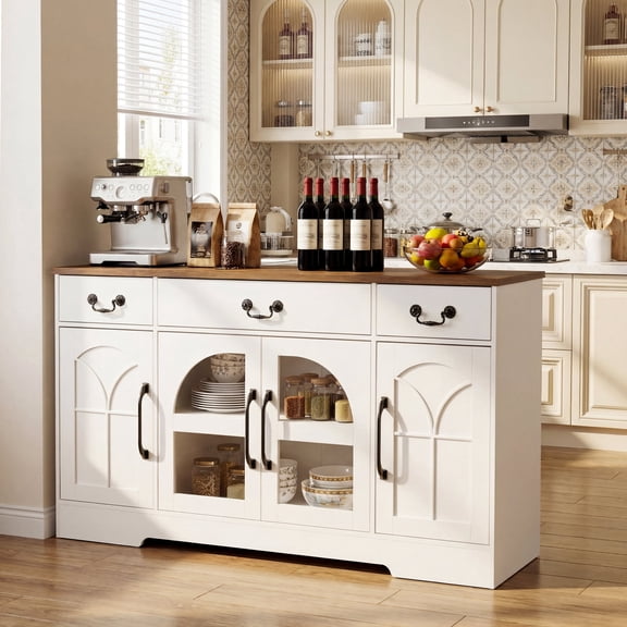 Keenstone Sideboard Buffet Cabinet, 55.1" W Expandable Desktop Storage with 2 Drawers, 4 Doors, and Adjustable Shelves, White