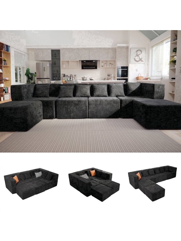 130" 6-Piece Modular Sectional Sofa with 2 Movable Ottomans, U-Shaped Cloud Couch for Living Room, Modern Chenille Deep Seat Sofa Set, Flexible Oversized Sleeper Couches, Black
