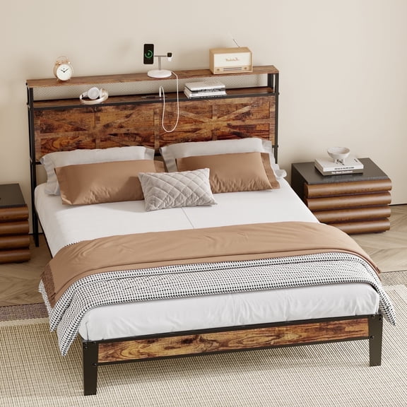 Behost Full Bed Frame with Wooden Headboard and Footboard, Power Outlets Metal Platform, Vintage Brown