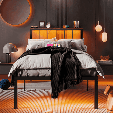 Behost Twin Bed Frame with Storage Headboard, LED Lights and Charging Station, Metal Frame, Black