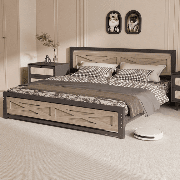 Behost King Bed Frame with Headboard and Underbed Storage, Metal Wood Platform Bed Frame King, No Box Spring Needed