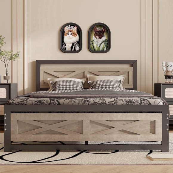 Behost King Size Farmhouse Bed Frame with Storage Headboard, Wood Platform Bed Frame, Heavy Duty Metal Slats, No Box Spring Needed