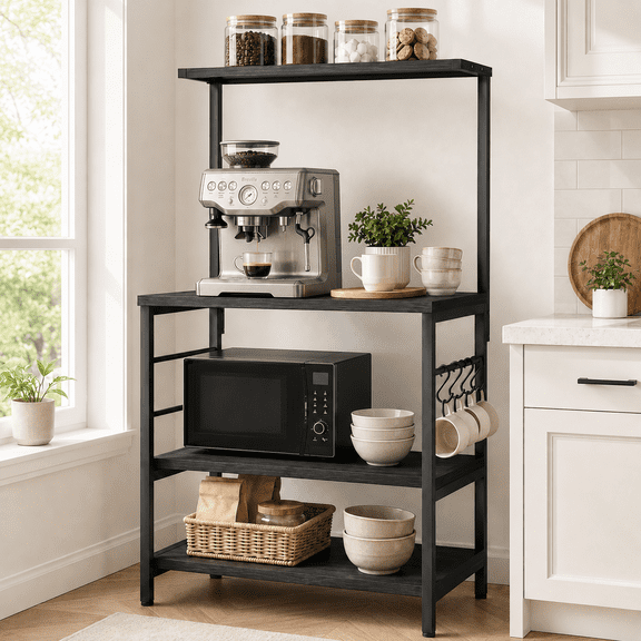 Behost Kitchen Bakers Rack, Coffee Bar Table 4 Tiers, Kitchen Microwave Stand with 4 S-shaped Hooks, Storage Shelf Rack for Spices, Pots and Pans - Black