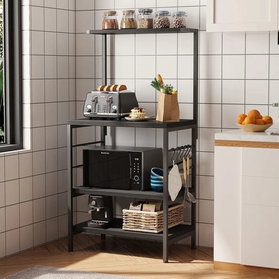 Behost Kitchen Bakers Rack, Coffee Bar Table 4 Tiers, Kitchen Microwave Stand with 4 S-shaped Hooks, Storage Shelf Rack for Spices, Pots and Pans - Black