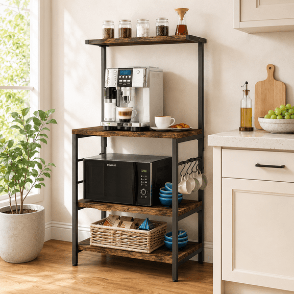 Behost Kitchen Bakers Rack, Coffee Bar Table 4 Tiers, Kitchen Microwave Stand with 4 S-shaped Hooks, Storage Shelf Rack for Spices, Pots and Pans - Rustic Brown ﻿