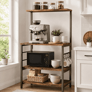 Behost Bakers Rack for Kitchen, 4-Tier Microwave Stand with Storage, Microwave Cart and Coffee Cart with 4 S-Shaped Hooks, Rustic Brown