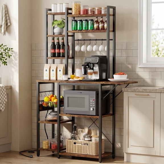 Keenstone Extendable Bakers Rack for Kitchen with Flip-Up Side Table, Microwave Stand with 3 Power Outlets, Coffee Bar Station with 10 Shelves, Wire Basket & 14 Hooks, Rustic Brown