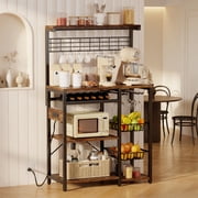 Keenstone Kitchen Bakers Rack with 3 Power Outlets, Microwave Oven Stand with 10 S-shaped Hooks ,Coffee Bar Table 5 Tiers , 2 Wire Basket, Wine Rack ,Rustic Brown