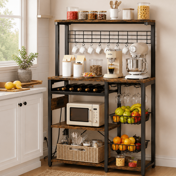 Keenstone 5-Tier Baker's Rack with 3 AC Outlets, Microwave Stand with 10 S Hooks, Coffee Bar Station, Kitchen Storage Rack with 2 Wire Baskets & Wine Rack, Rustic Brown