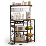 Keenstone Bakers Rack with 3 Power Outlets, 5 Tiers Microwave Stand coffee bar Kitchen Storage Rack with 2 Wire Basket, Wine Rack,Rustic Brown