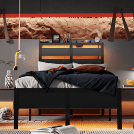 Full Size Bed Frame With Charging Station And RGB LED Lights Sturdy Platform Upholstered Storage Headboard Solid Metal Slats Noise Free Box Spring Needed Easy