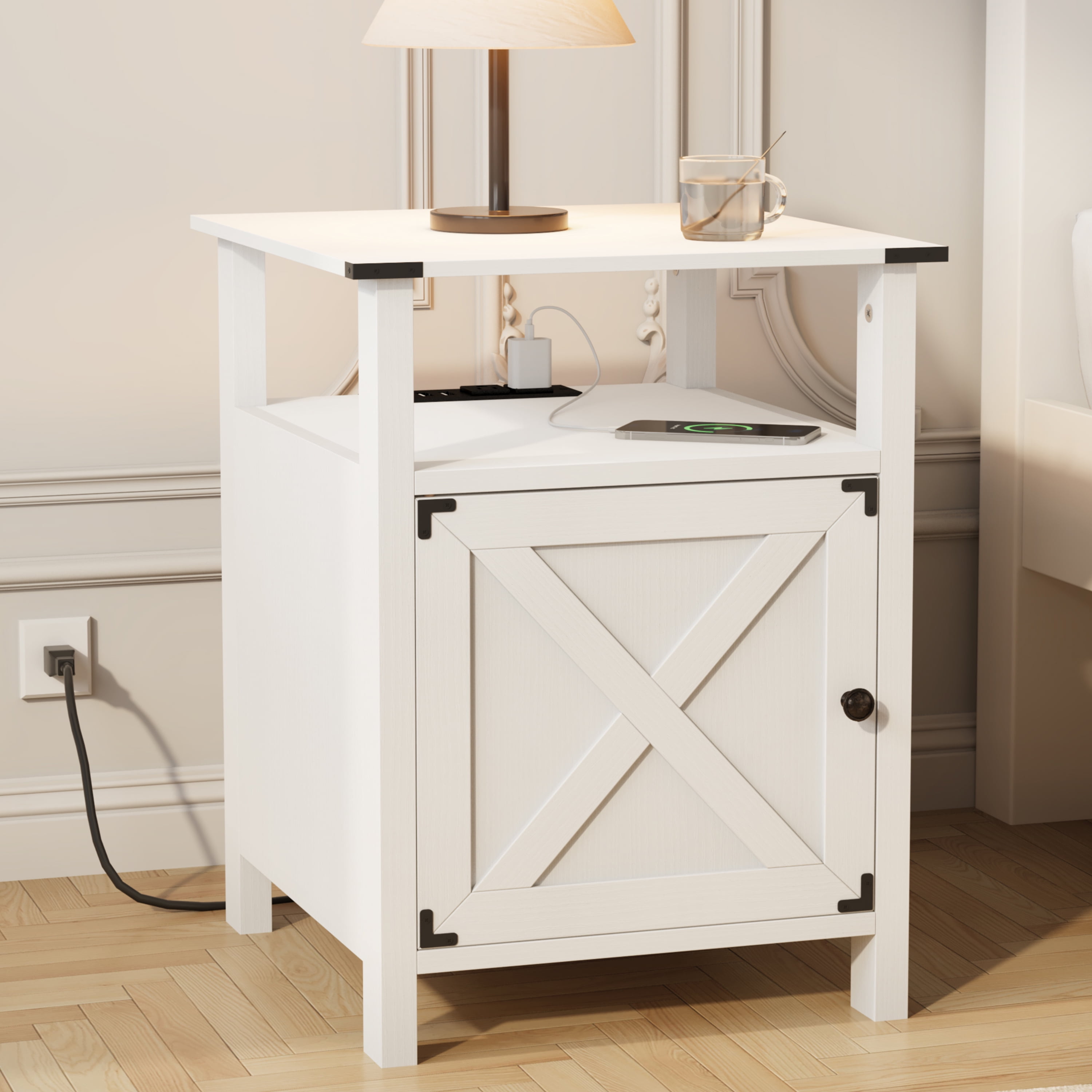 Behost Nightstand, Farmhouse Small Bedside Table Night Stand for Bedroom  Furniture,White 