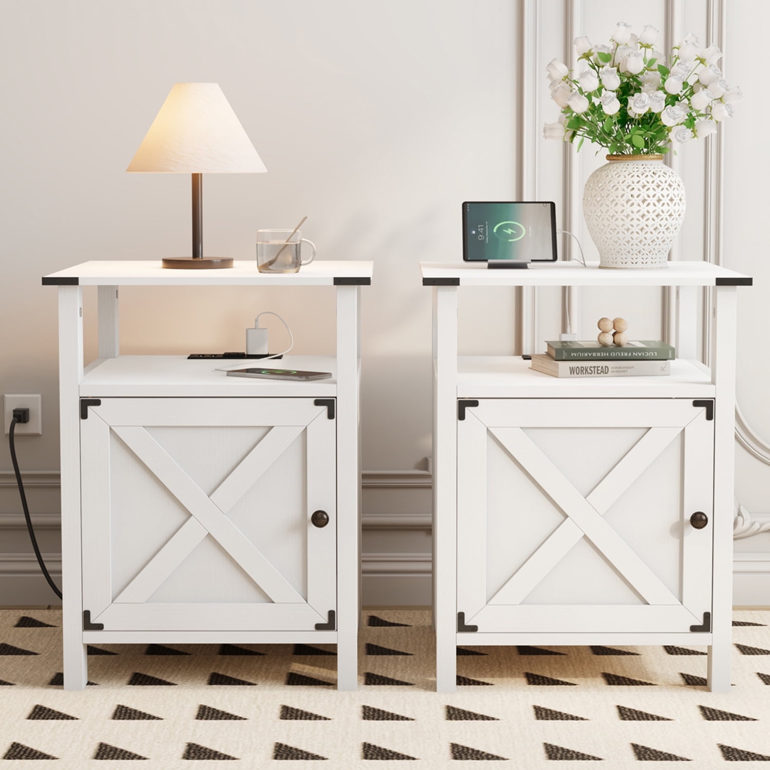BEHOST Farmhouse Nightstand Set of 2, Rustic Bedside Table with 