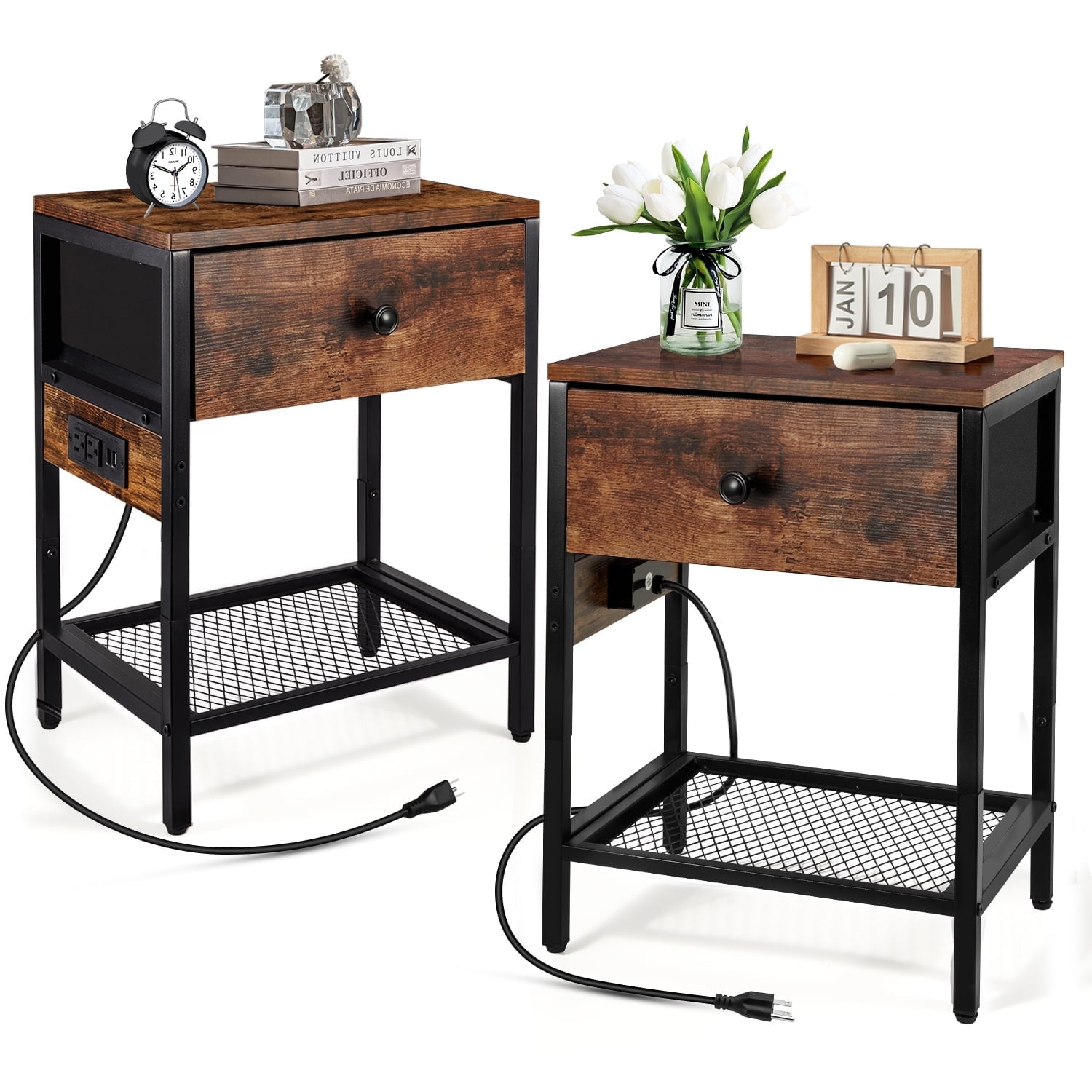 Behost Nightstands Set of 2 with Charging Station, Industrial End Table with Fabric Drawer & Storage Shelf, Retro side Tables Organizer, Sturdy Side Table for Living Room, Bedroom - Walmart.com