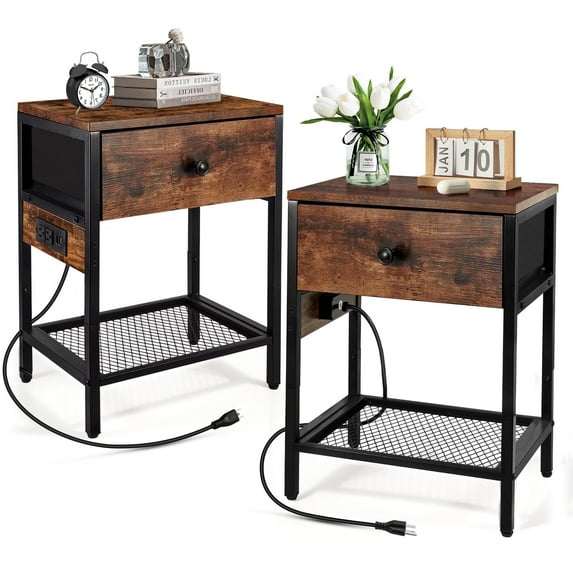 Behost Nightstands Set of 2 with Charging Station, Industrial End Table with Fabric Drawer & Storage Shelf, Retro side Tables Organizer, Sturdy Side Table for Living Room, Bedroom