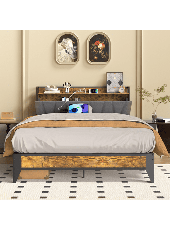 Behost Platform Bed Frame, Full Size Bed Frame with Headboard and Storage