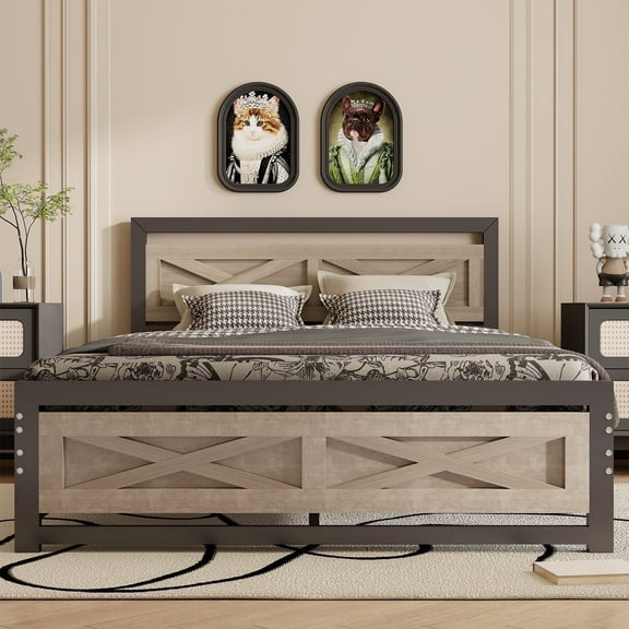 Behost Full Size Bed Frame, Farmhouse Wood Metal Platform Full Bed Frame with Headboard and 11" Underbed Storage
