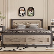 Behost Full Size Bed Frame, Farmhouse Wood Metal Platform Full Bed Frame with Headboard and 11 Underbed Storage