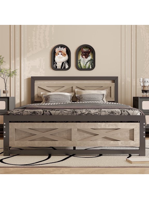 Queen Size Bed Frame with Farmhouse Headboard, 10.94-Inch Under-Bed Storage, Heavy Duty Metal Slats, 1000 lbs Support, No Box Spring Needed