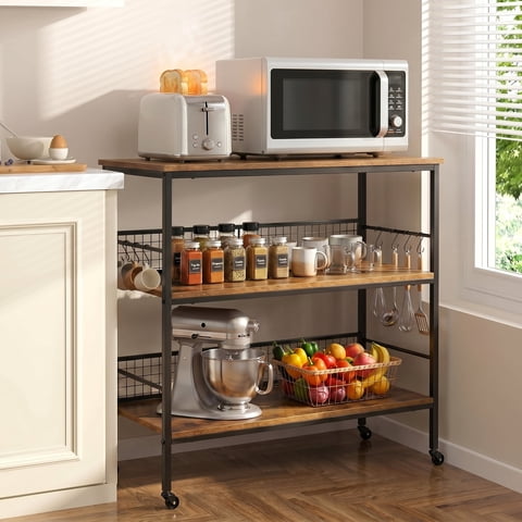 Behost Rolling Microwave Cart, 3-Tier Kitchen Utility Cart with 10 Hooks, Lockable Wheels, Coffee Cart Shelf, Rustic Brown