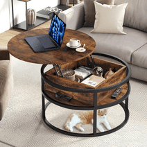 Behost Round Lift Top Coffee Table with Storage, Industrial Wood Coffee Table with Metal Frame for Living Room, Rustic Brown