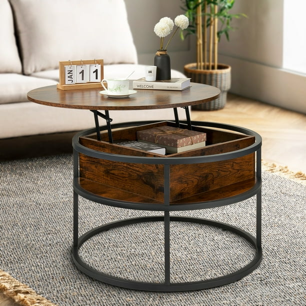 Behost Round Lift Top Coffee Table with Storage, Industrial Wood Coffee