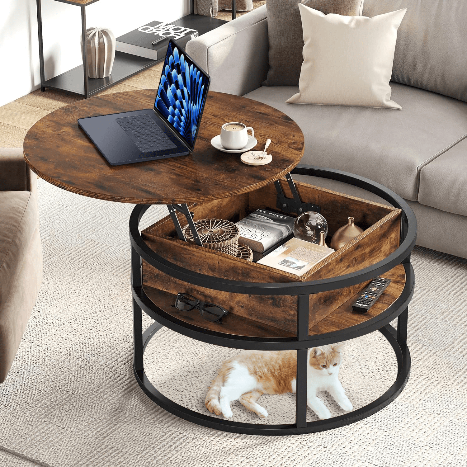 Alden Design Industrial Coffee Table with Storage Shelf, Rustic Brown
